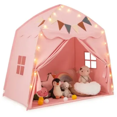 Playhouse Children Vnitřní dětský stan s vlajkami a světýlky víly Princezna Play Stan Pink