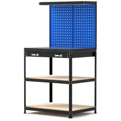 Pracovní stůl 81 x 41 cm Nosnost 225 kg Pracovní stůl s perforovanou stěnou a zásuvkami a policemi modrá