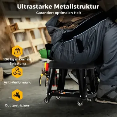 Dílenská stolička Dílenská stolička s přihrádkou na nářadí a držákem na nářadí Dílenská pojízdná stolička černá