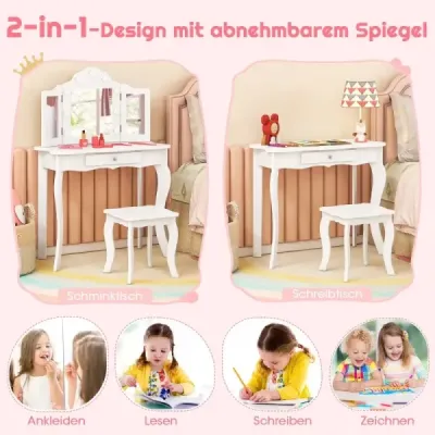 Dětský toaletní stolek 2 v 1 s LED osvětlením a skládacím zrcadlem a zásuvkami Bílá barva