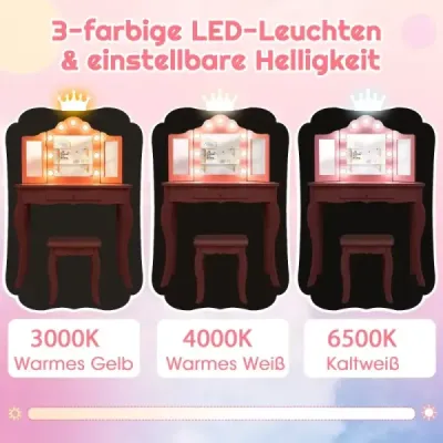 Dětský toaletní stolek 2 v 1 s LED osvětlením a skládacím zrcadlem a zásuvkami Růžová barva