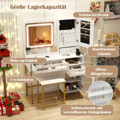 Toaletní stolek s LED osvětlením a nabíjecí stanicí a 3 zásuvkami Skříňka na šperky Toaletní stolek