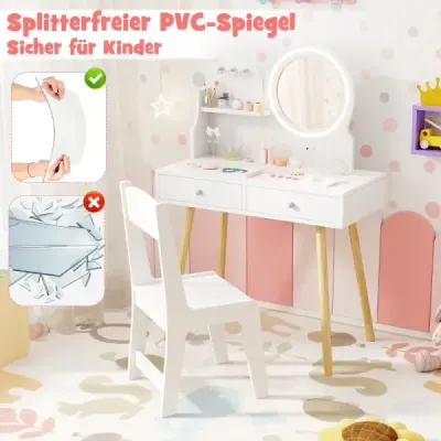 Dětský toaletní stolek s osvětlením 2 v 1 toaletní stolek se zrcadlem bílý