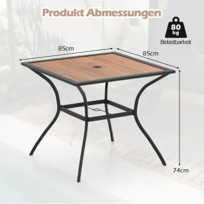 Zahradní stůl s deskou ve vzhledu dřeva Stůl na terasu s nastavitelným otvorem pro slunečník 85 x 85 x 74 cm