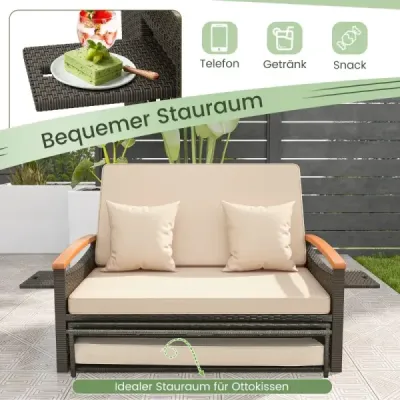 Zahradní dvojlůžko 3 v 1 Zahradní ratanová pohovka se 4stupňově nastavitelným opěradlem