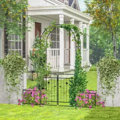 Kovový oblouk na růže s dvířky a 2 květináči Zahradní oblouk 202 x 50 x 220 cm černý