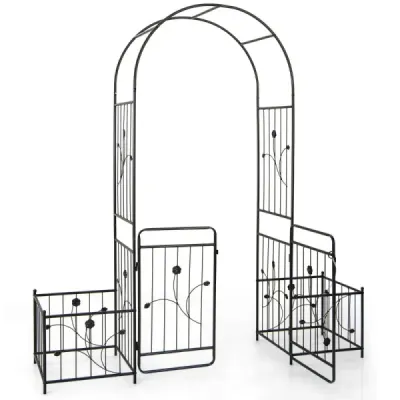 Kovový oblouk na růže s dvířky a 2 květináči Zahradní oblouk 202 x 50 x 220 cm černý