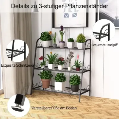 Regál na rostliny 3patrový kovový stojan na rostliny 81 x 35 x 82 cm černý