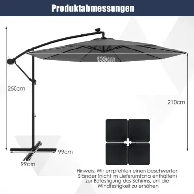 Slunečník 300 cm konzolový slunečník se 40 solárními LED světly a kličkou Šedý