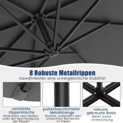 Slunečník 300 cm konzolový slunečník se 40 solárními LED světly a kličkou Šedý