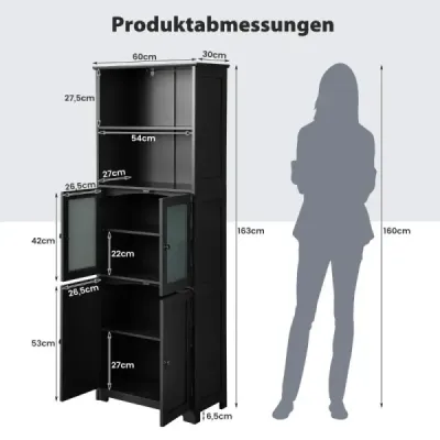 Koupelnová skříňka se skleněnými dveřmi 2 otevřené přihrádky a nastavitelné police Černá barva