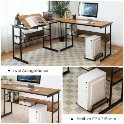Psací stůl ve tvaru písmene L s výklopnou deskou, spodní policí a stojanem na procesor Kreslící stůl Počítačový stůl 170 x 150 x 75 cm Ořechové dřevo
