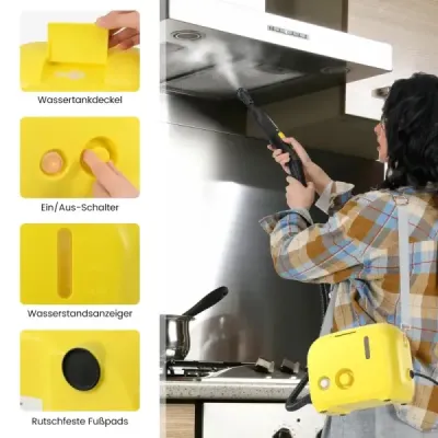 1500W parní čistič Tlak páry: 3 bary, doba zahřátí: 15 s, teplota: až 180 ℃ Ruční parní čistič žlutý