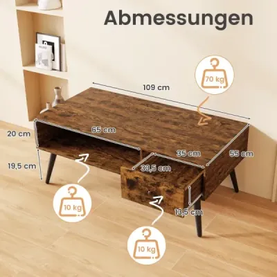 Konferenční stolek se zásuvkou Úložný prostor otevřená přihrádka Stolek do obývacího pokoje 109 x 55 x 39,5 cm Rustikální hnědá barva