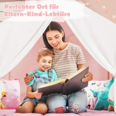 Dětský stan s omyvatelnou bavlněnou podložkou a praporem na hraní stan s okny 131 x 91 x 131 cm růžový