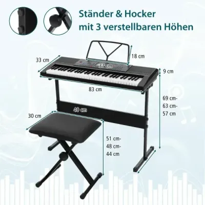 Přenosná elektronická klávesnice s 61 klávesami, stojanem, stoličkou a mikrofonem, digitální piano