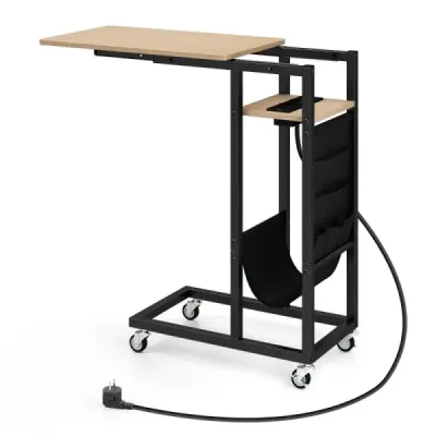 Odkládací stolek ve tvaru C s nabíjecí stanicí a rozkládací stolní deskou a boční kapesní pohovka šedý