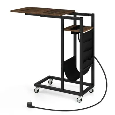 Odkládací stolek ve tvaru C s nabíjecí stanicí a rozkládací stolní deskou a boční kapesní rozkládací stolek hnědý