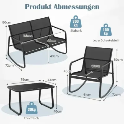 4dílná sada Set zahradního nábytku s jemným houpáním sedací sestava pro 4 osoby