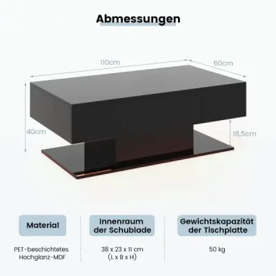 Konferenční stolek s LED osvětlením vysoký lesk 20 barev nastavitelný jas 110 x 60 x 40 cm černý