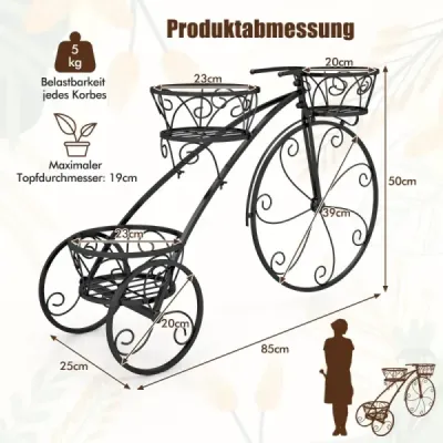 Kovový stojan na rostliny s designem jízdního kola Stojan na květiny se 3 koši Stojan na květiny Stojan na rostliny černý