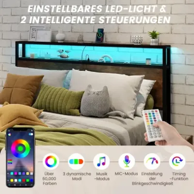 Postel s LED osvětlením nabíjecí stanice a 4 šuplíky úložná postel s čelem a lamelovým roštem 200 x 160 cm