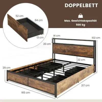 Postel s LED osvětlením nabíjecí stanice a 4 šuplíky úložná postel s čelem a lamelovým roštem 200 x 160 cm