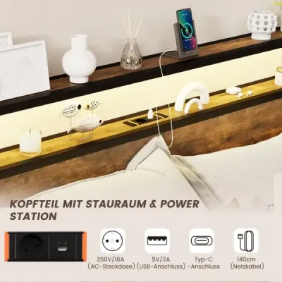 Postel s LED osvětlením nabíjecí stanice a 4 šuplíky úložná postel s čelem a lamelovým roštem 200 x 160 cm
