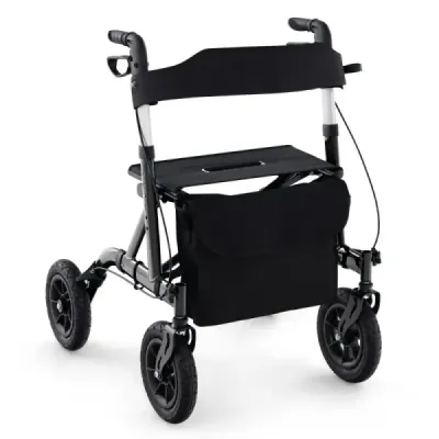 Rollator skládací a lehký s hliníkovým sedadlem do 160 kg Invalidní vozík 2 v 1 a cestovní rolátor černý