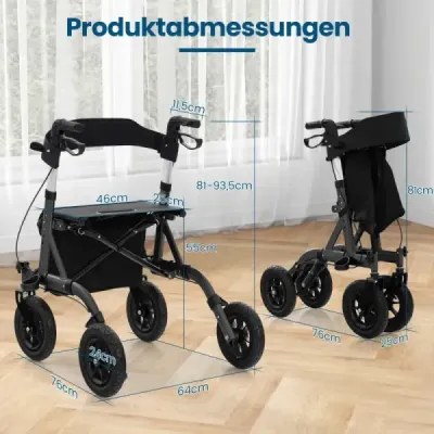 Rollator skládací a lehký s hliníkovým sedadlem do 160 kg Invalidní vozík 2 v 1 a cestovní rolátor černý