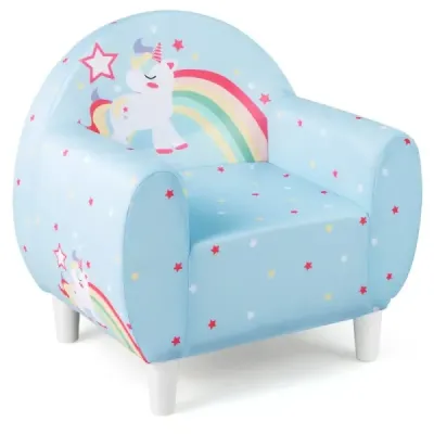 Kindersofa mit Rückenlehne & Armlehne Gepolsterter Kindersessel Einhorn Lesecouch Blau