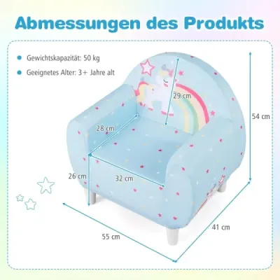 Kindersofa mit Rückenlehne & Armlehne Gepolsterter Kindersessel Einhorn Lesecouch Blau