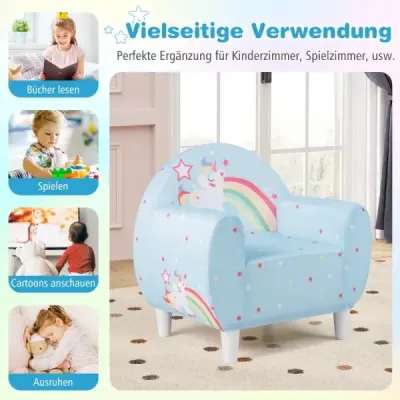 Kindersofa mit Rückenlehne & Armlehne Gepolsterter Kindersessel Einhorn Lesecouch Blau