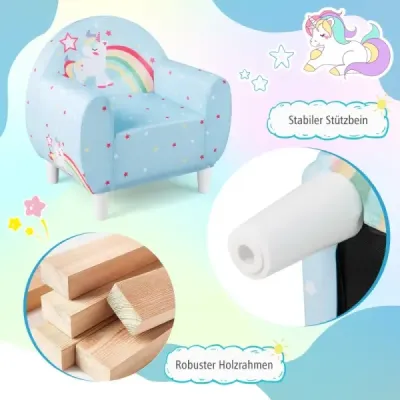 Kindersofa mit Rückenlehne & Armlehne Gepolsterter Kindersessel Einhorn Lesecouch Blau