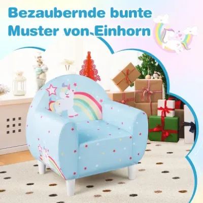 Kindersofa mit Rückenlehne & Armlehne Gepolsterter Kindersessel Einhorn Lesecouch Blau