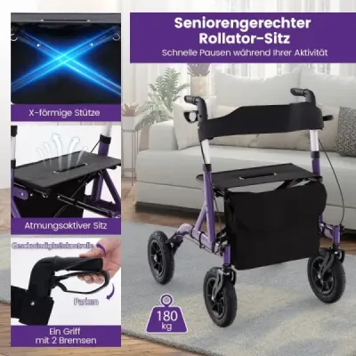 Rollator skládací a lehký se sedadlem z hliníku do 160 kg Invalidní vozík 2 v 1 a cestovní rolátor fialový