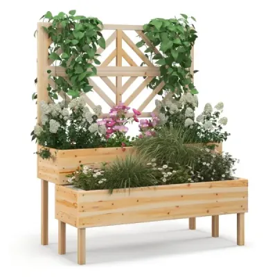 Dvouvrstvý zahradní záhon s mříží Dřevěný vyvýšený truhlík s nohami 109 x 62 x 135 cm Přírodní