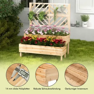 Dvouvrstvý zahradní záhon s mříží Dřevěný vyvýšený truhlík s nohami 109 x 62 x 135 cm Přírodní
