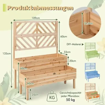 Dvouvrstvý zahradní záhon s mříží Dřevěný vyvýšený truhlík s nohami 109 x 62 x 135 cm Přírodní