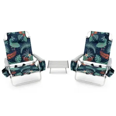 Sada 3 ks plážových židlí a stolků s nastavitelným opěradlem venkovní lehátka modrá a zelená