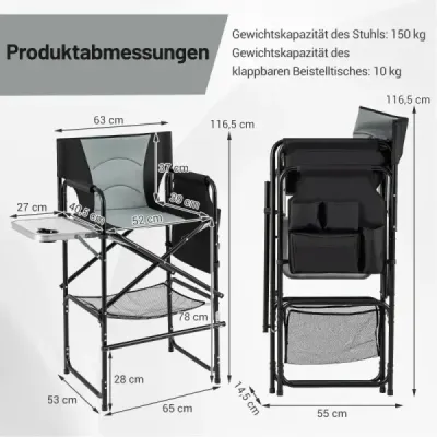 Kempingová židle skládací vysoká skládací židle s postranním stolkem Odnímatelná opěrka nohou Černá + šedá