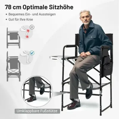 Kempingová židle skládací vysoká skládací židle s postranním stolkem Odnímatelná opěrka nohou Černá + šedá