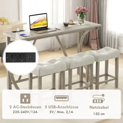 Barový stůl se sadou barových židlí Barový stůl se 2 zásuvkami a 2 porty USB pro 2-3 osoby