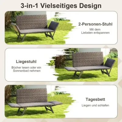 Polyratanová zahradní lavice s funkcí sklápění a nastavitelnými područkami Zahradní rozkládací lavice na balkón