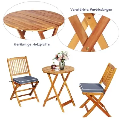3-TLG. Balkonová souprava nábytku s kulatým stolem a 2 židlemi a 2 polštáři Ergonomická sedací souprava šedá