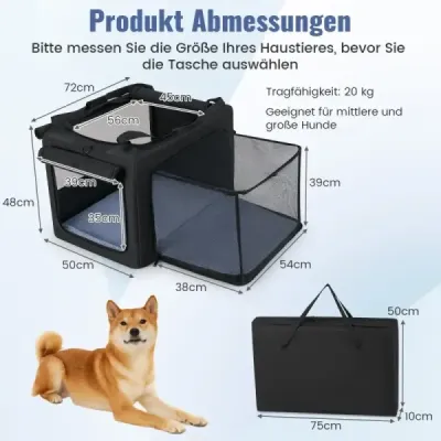 Skládací přepravka pro psy se 2 otvory a oknem a síťovaným košem Přepravní box pro psy Taška pro psa 88 x 72 x 48 cm