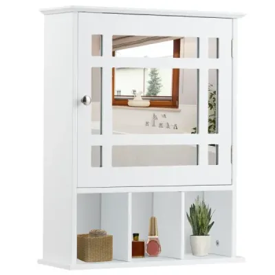 Nástěnná skříňka s nastavitelnou policí a otevřenými přihrádkami Zrcadlová skříňka 50 x 16 x 61 cm Bílá
