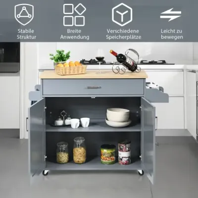 Kuchyňský ostrovní vozík pojízdný úložný vozík velká skříň 116 x 40 x 85 cm šedý + přírodní