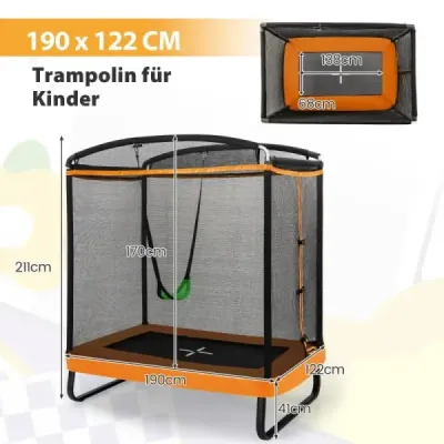 2 v 1 dětská trampolína s houpačkou a bezpečnostní sítí a krytem okrajů oranžová