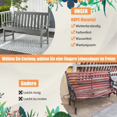 132 cm dlouhá lavička Zahradní lavička z HDPE pro 2-3 osoby 132 x 65 x 91 cm Šedá barva